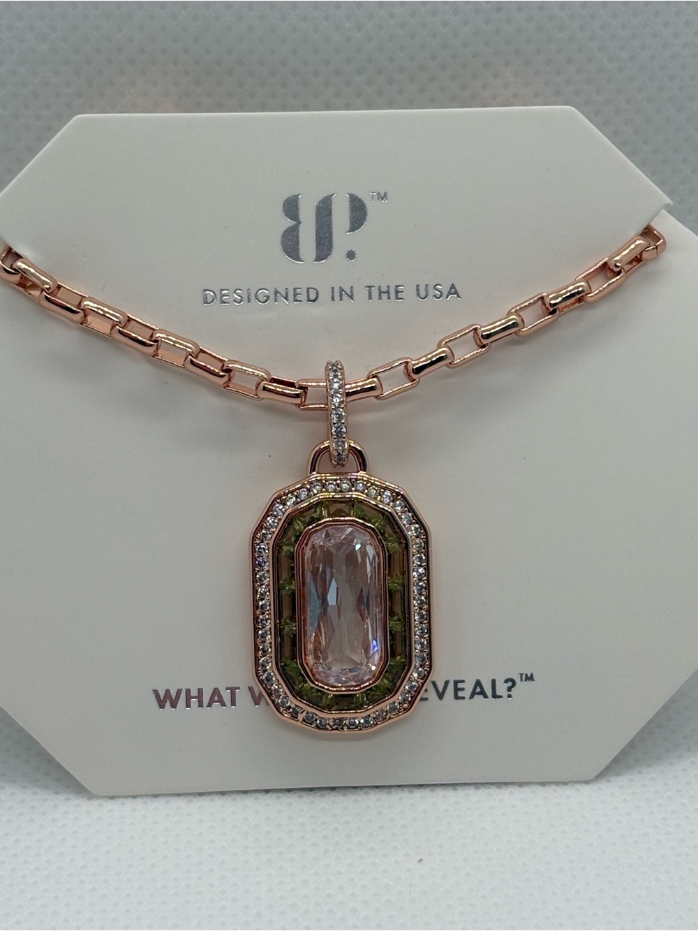 Diamond Cubic Zirconia & Peridot in Rose Gold Plating necklace August